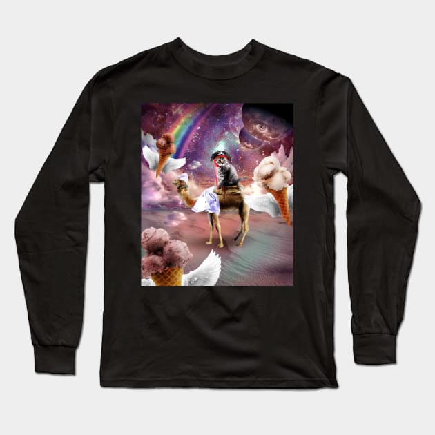 Cat Riding Camel With Flying Space Ice Cream Long Sleeve T-Shirt by Random Galaxy